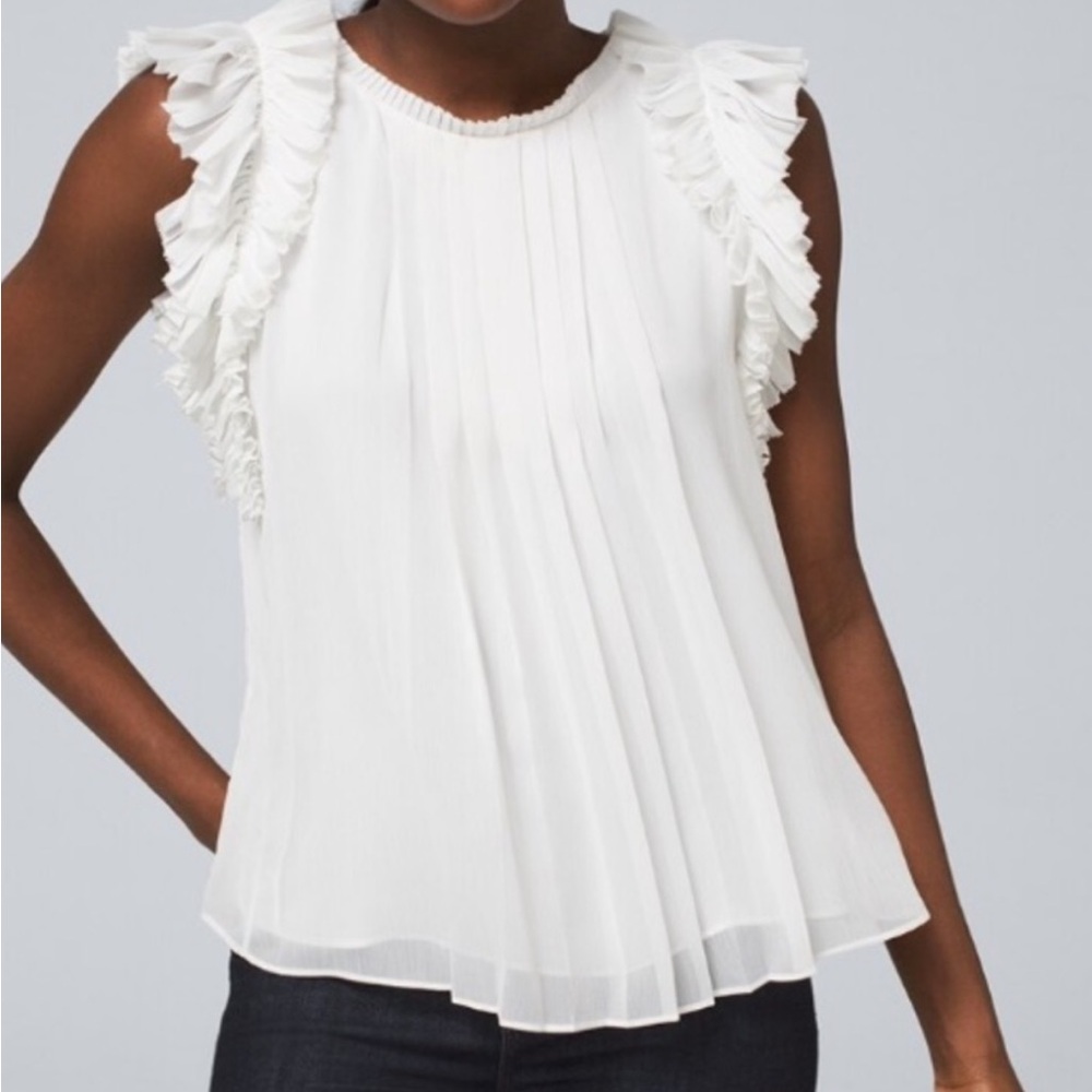 White House Black Market White Pleated Ruffle-Sleeve sleeveless blouse